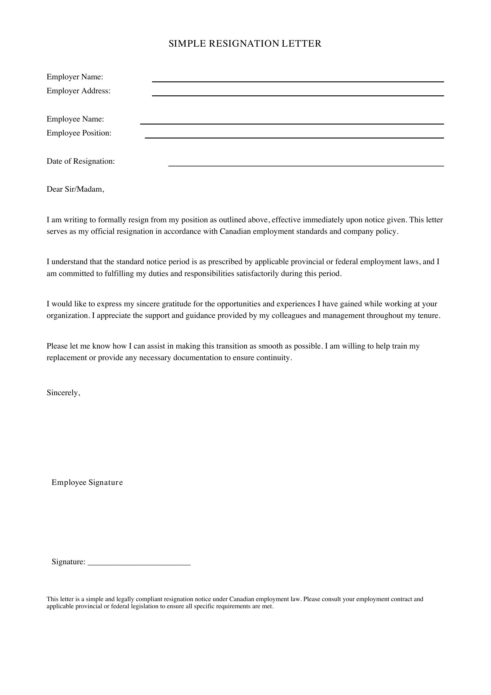 Simple Resignation Letter Template - Canada