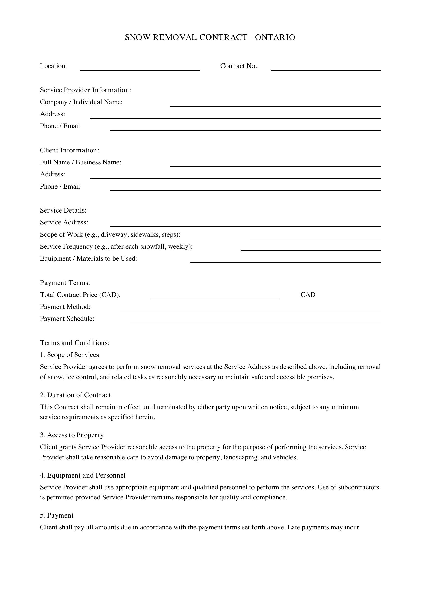 Snow Removal Contract Ontario Template - Canada