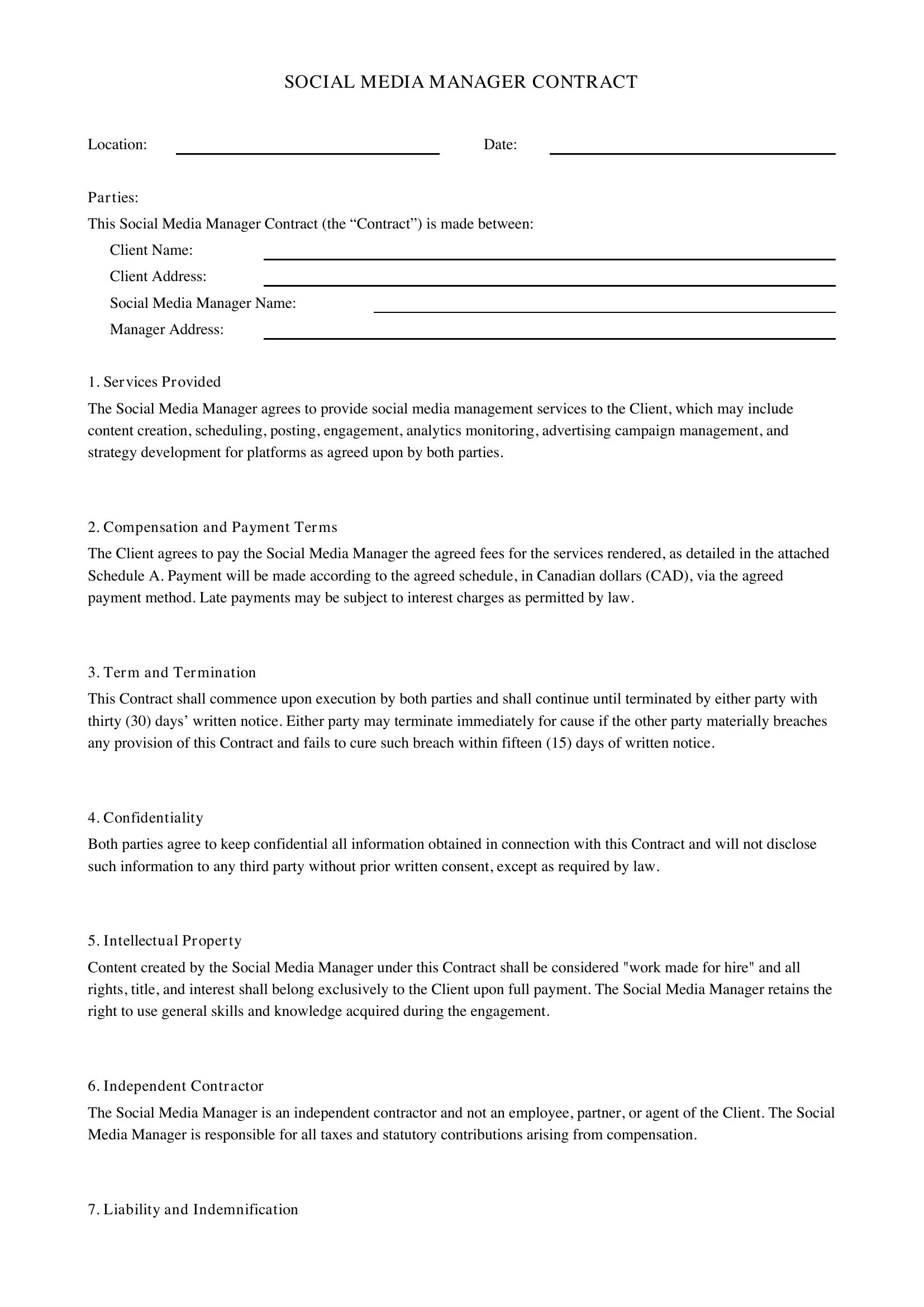 Social Media Manager Contract Template - Canada