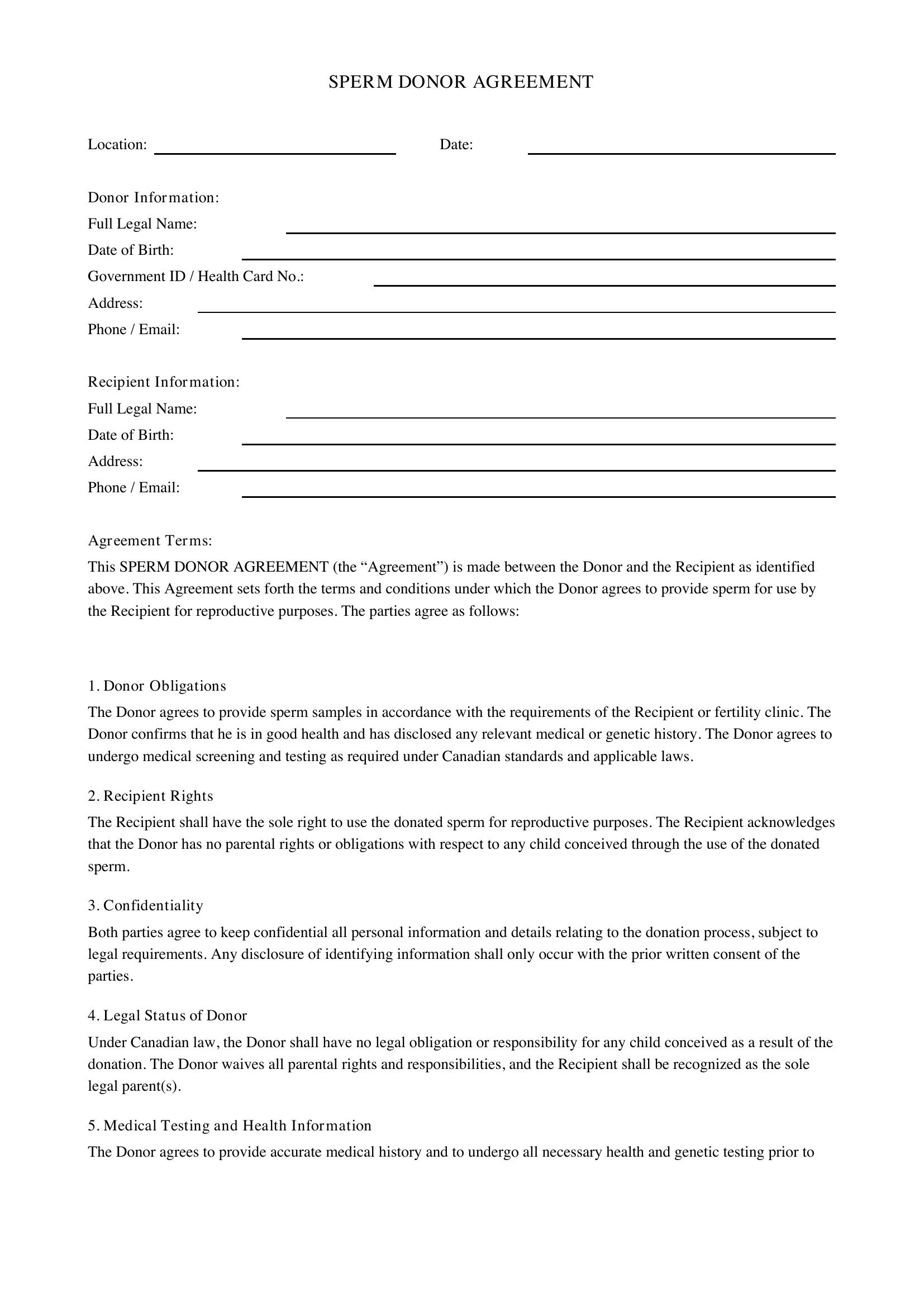 Sperm Donor Agreement Template - Canada