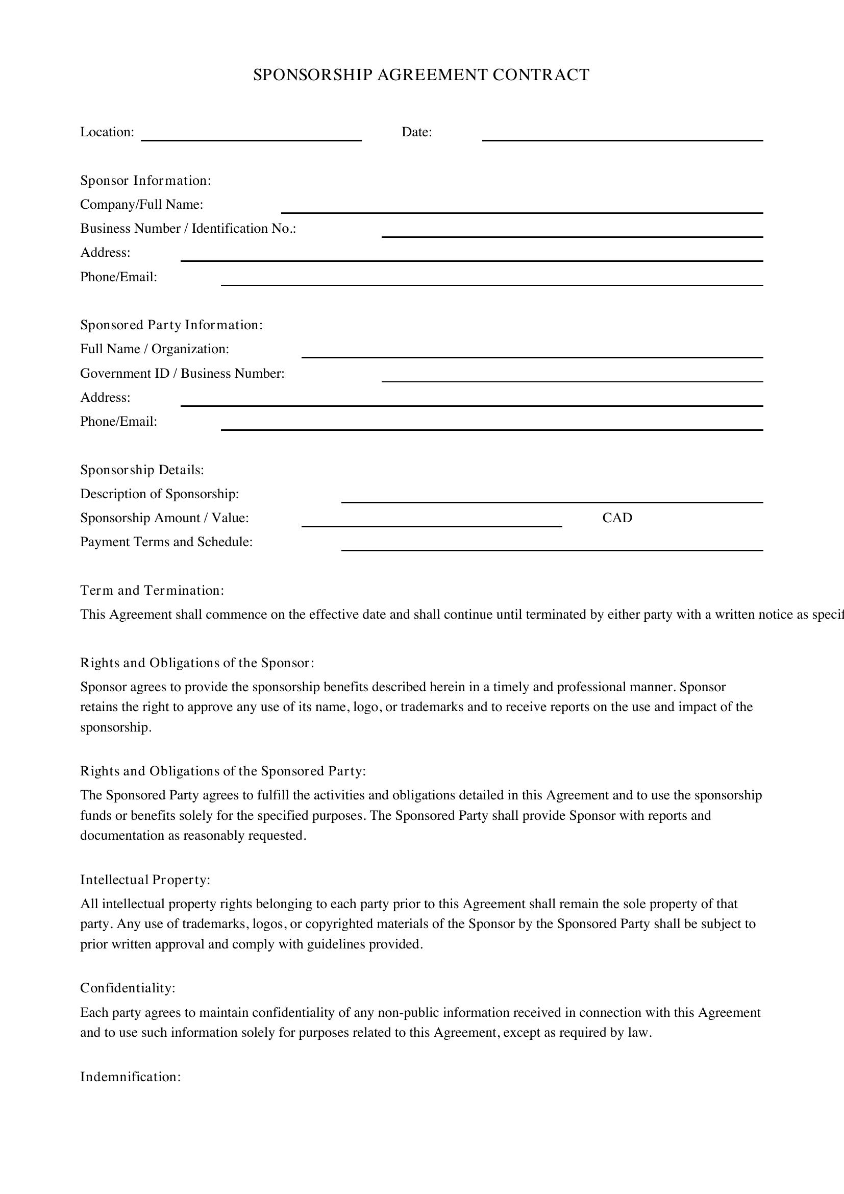 Sponsorship Contract Template - Canada