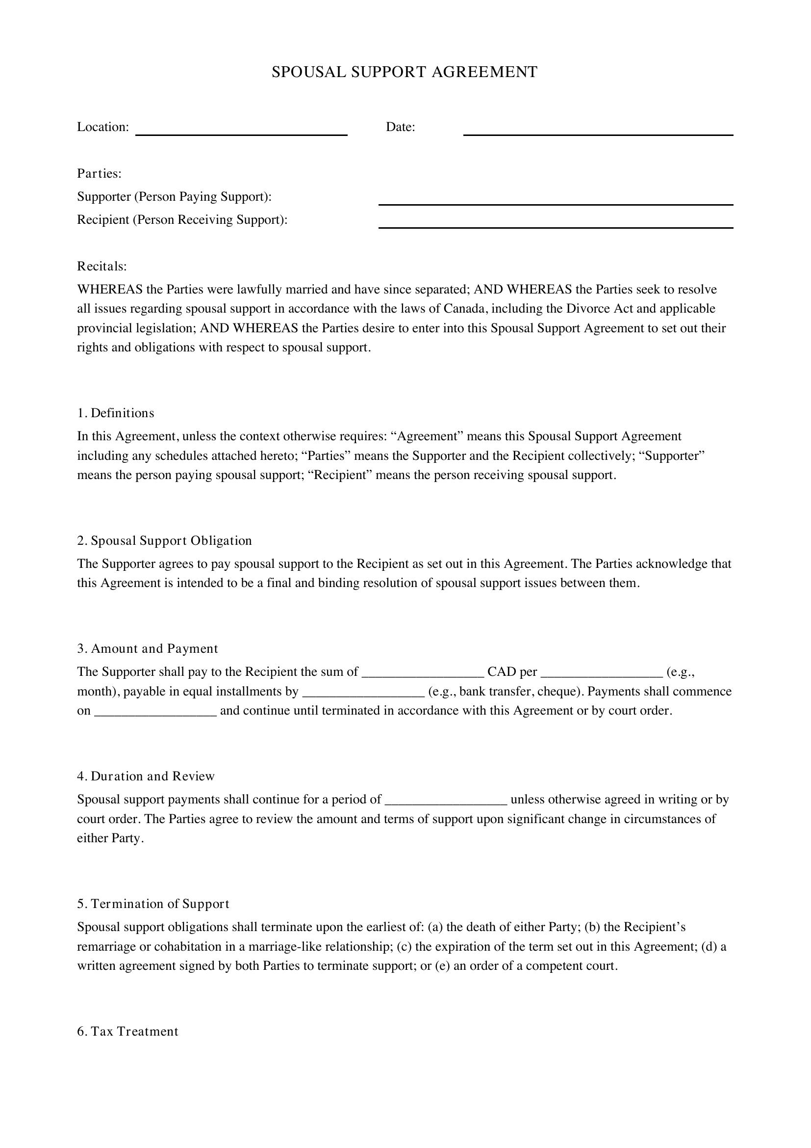 Spousal Support Agreement Template - Canada