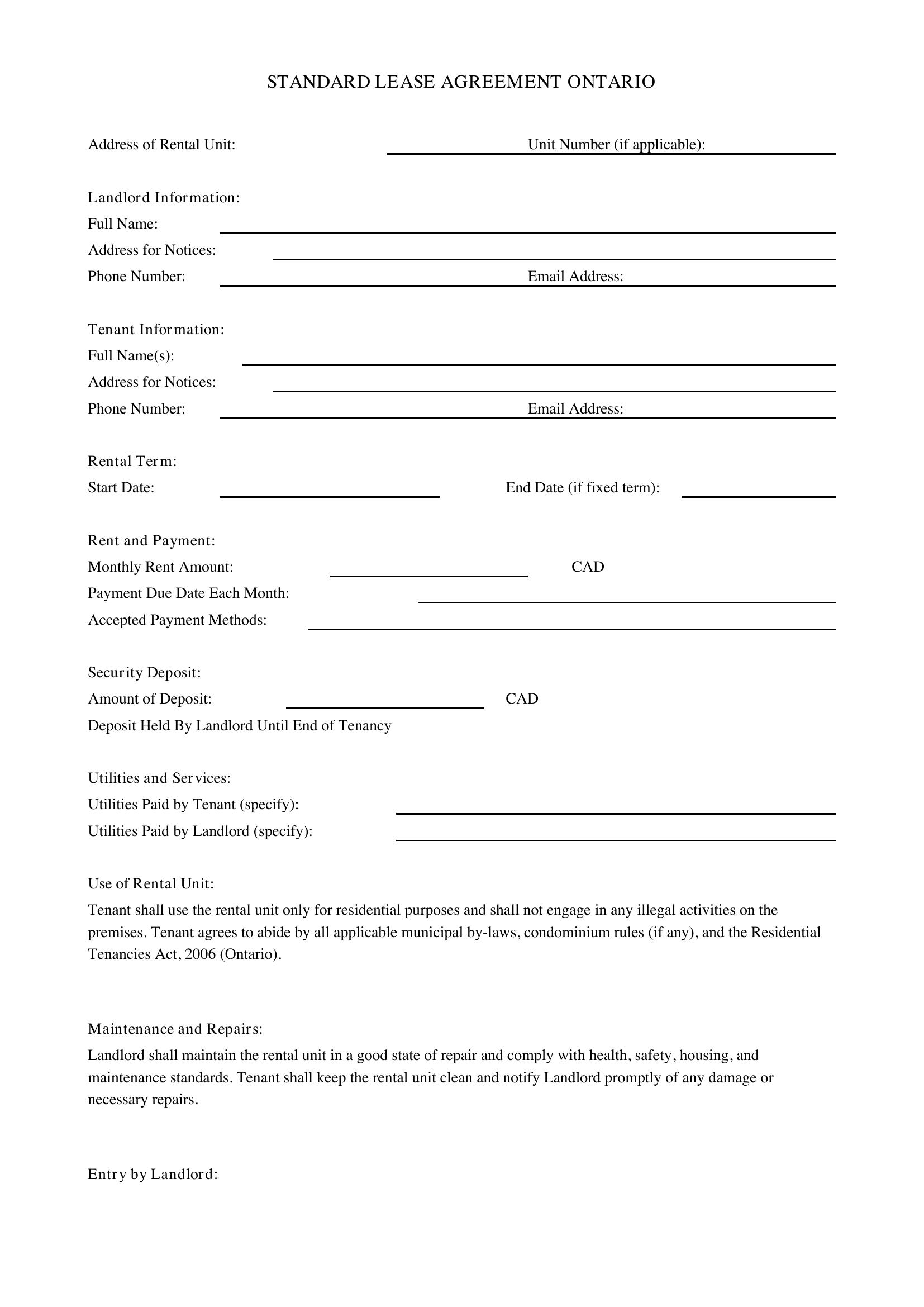 Standard Lease Agreement Ontario Template - Canada