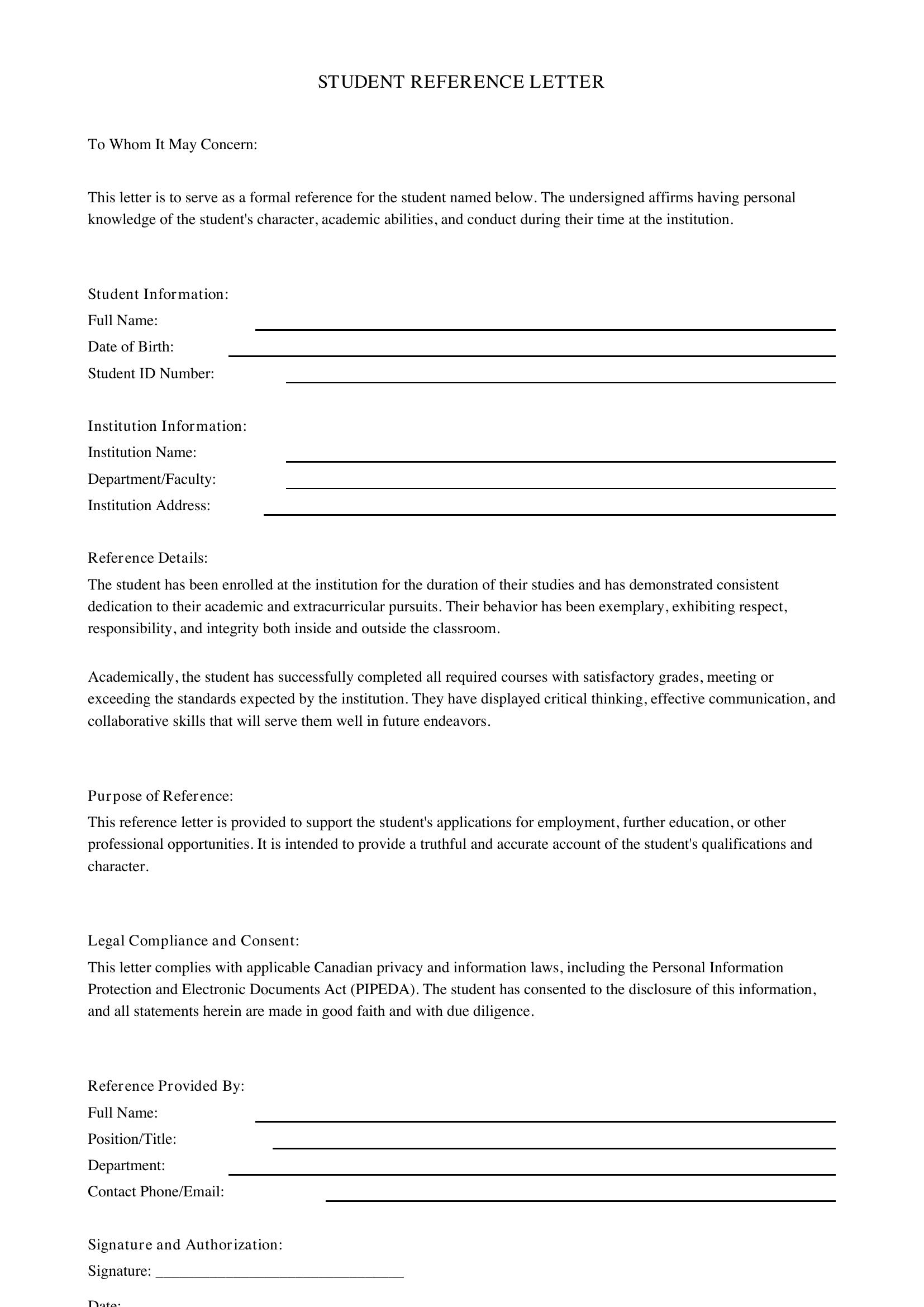 Student Reference Letter Template - Canada