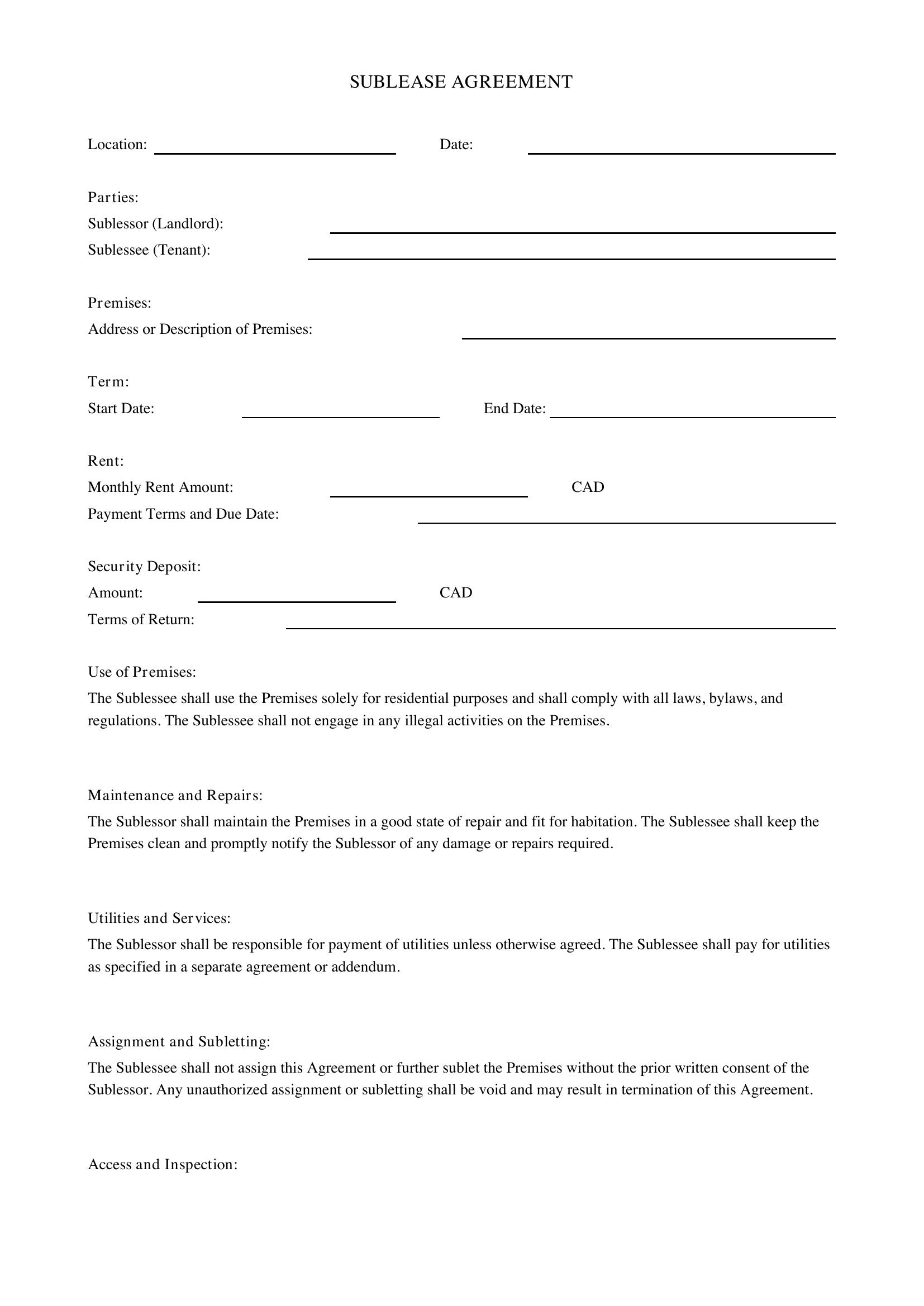 Sublease Agreement Bc Template - Canada