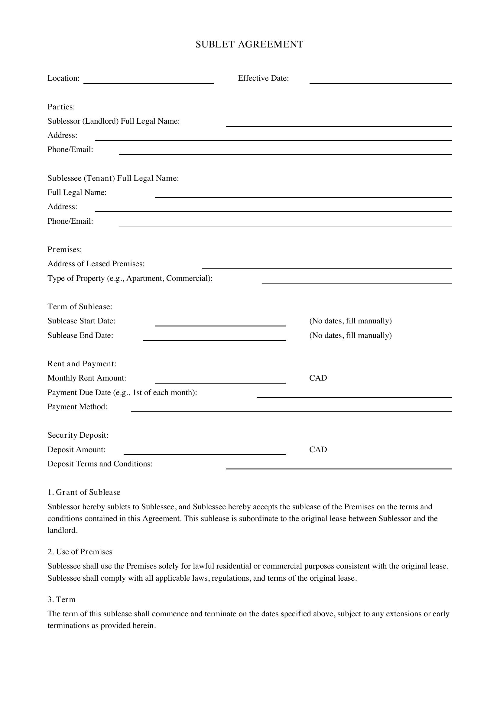 Sublet Agreement Template - Canada
