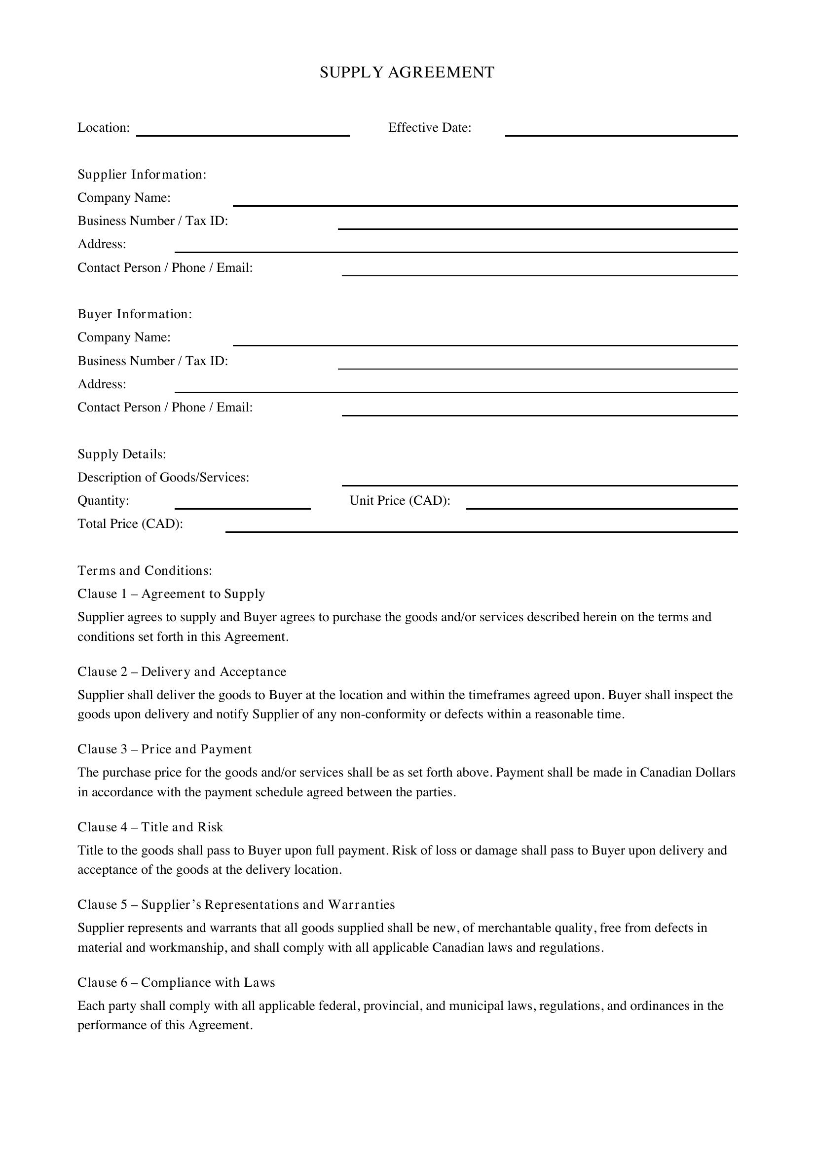 Supply Agreement Template - Canada