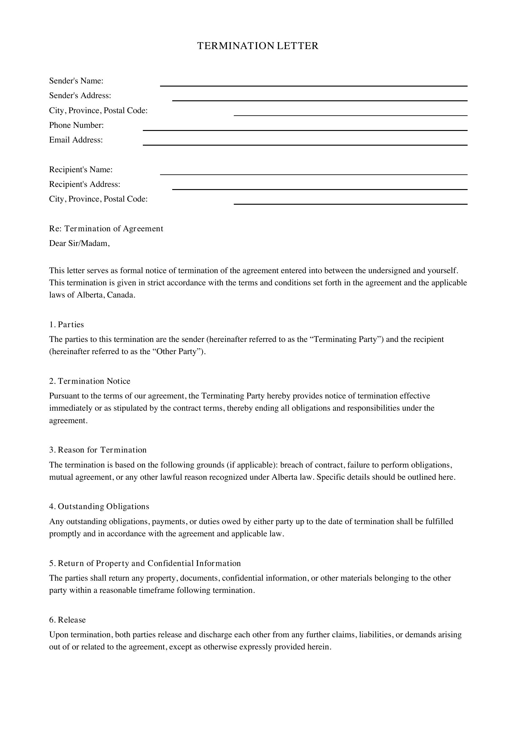 Termination Letter Alberta Template - Canada