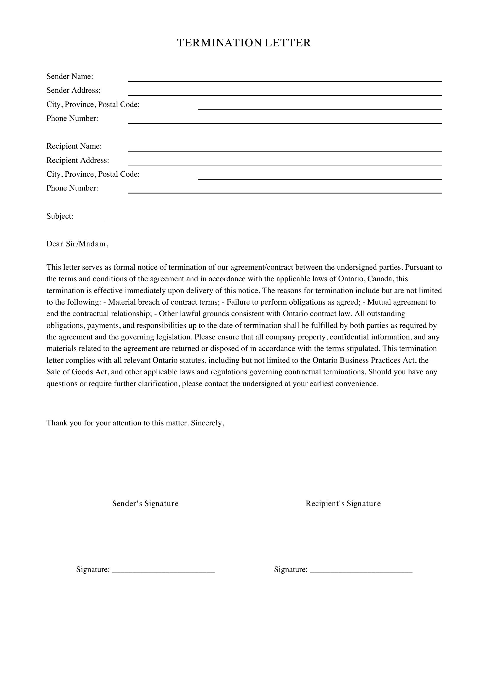 Termination Letter Ontario Template - Canada