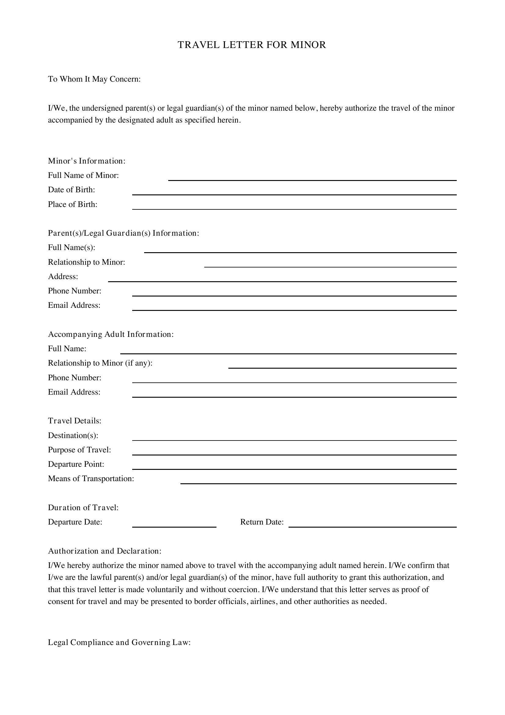 Travel Letter For Minor Template - Canada