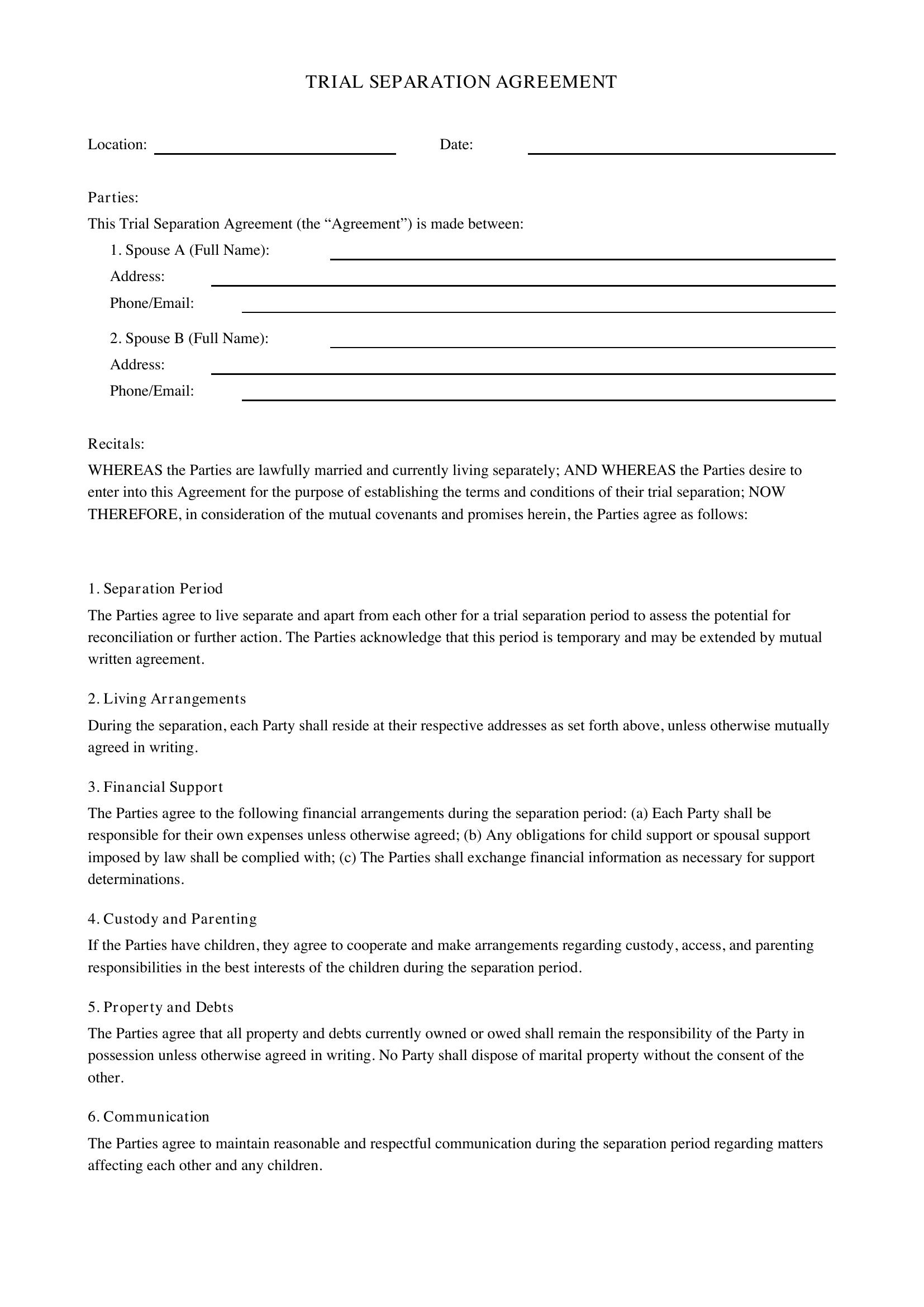 Trial Separation Agreement Template - Canada