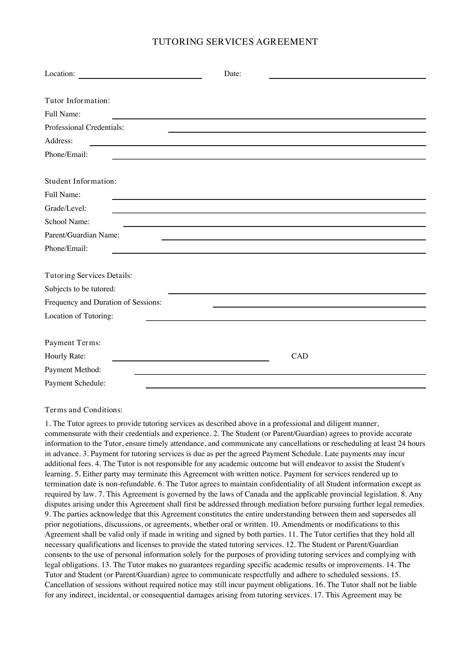 Tutoring Contract Template - Canada