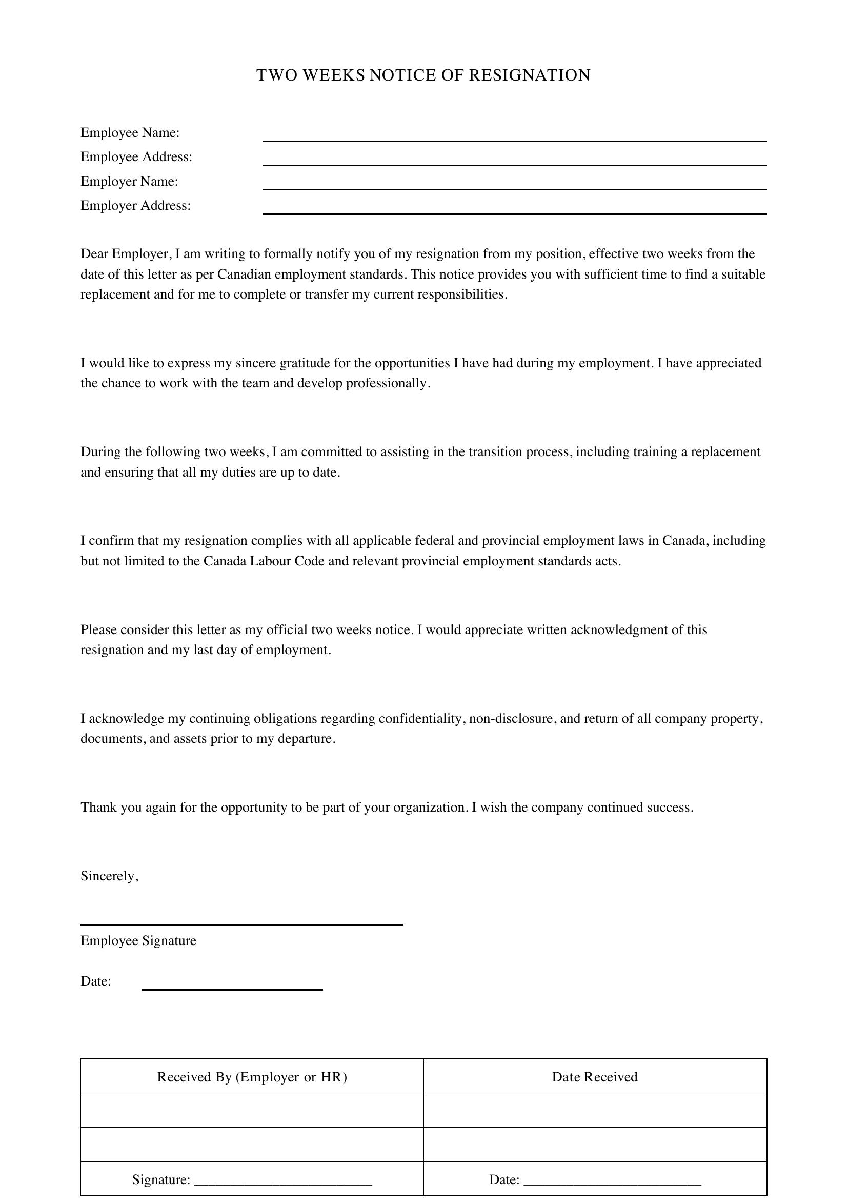 Two Weeks Notice Letter Template - Canada