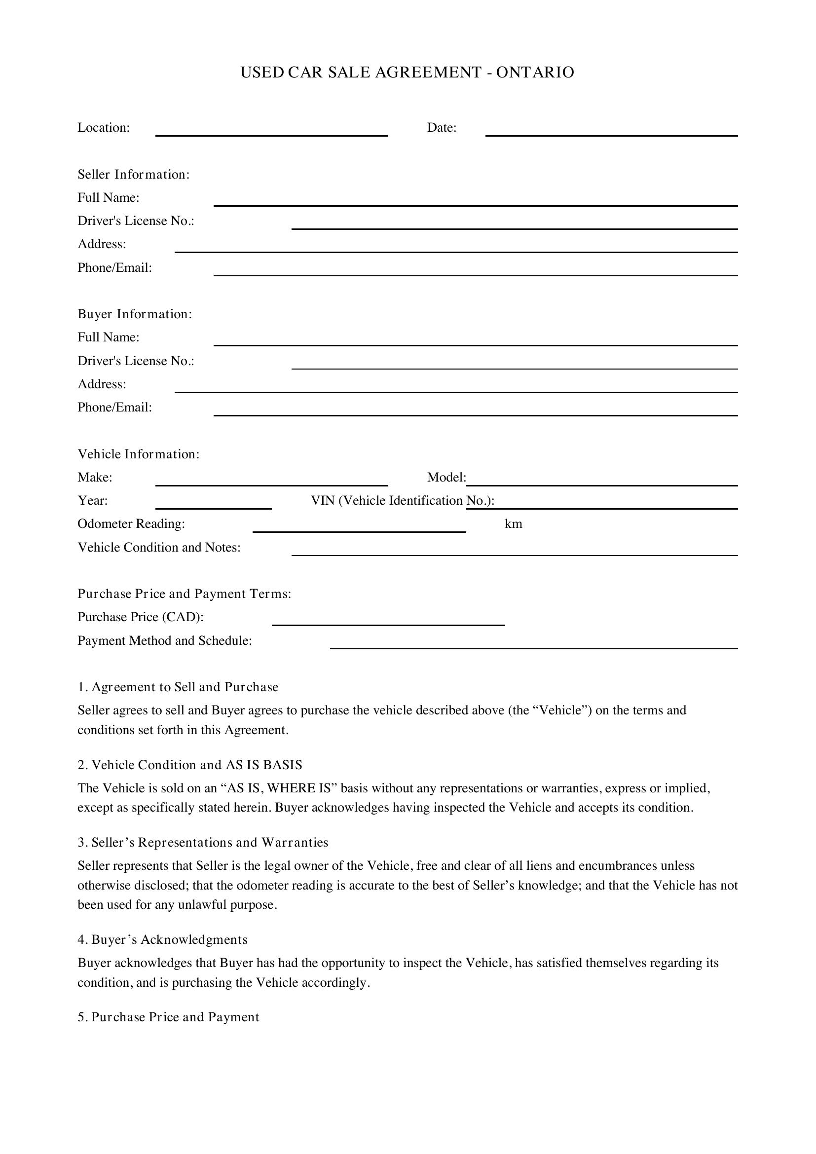 Used Car Sale Agreement Ontario Template - Canada