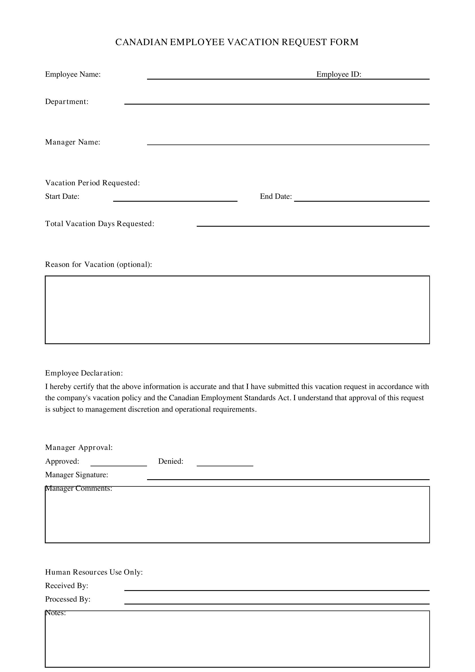 Vacation Form Template - Canada
