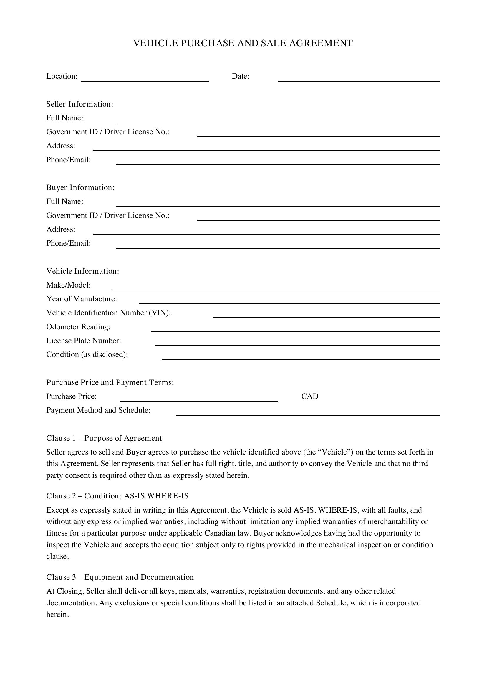 Vehicle Sale Agreement Template - Canada