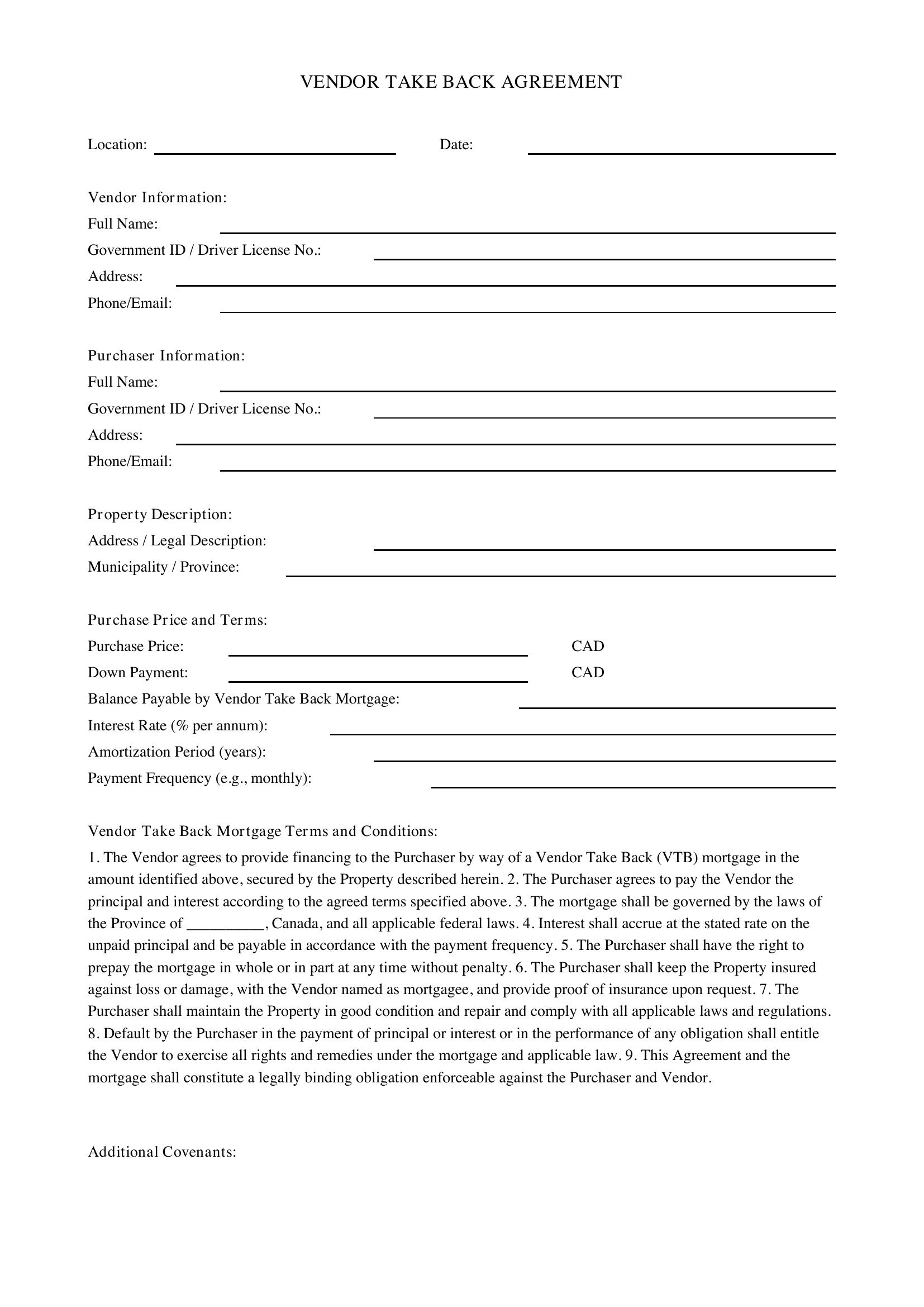 Vendor Take Back Agreement Template - Canada