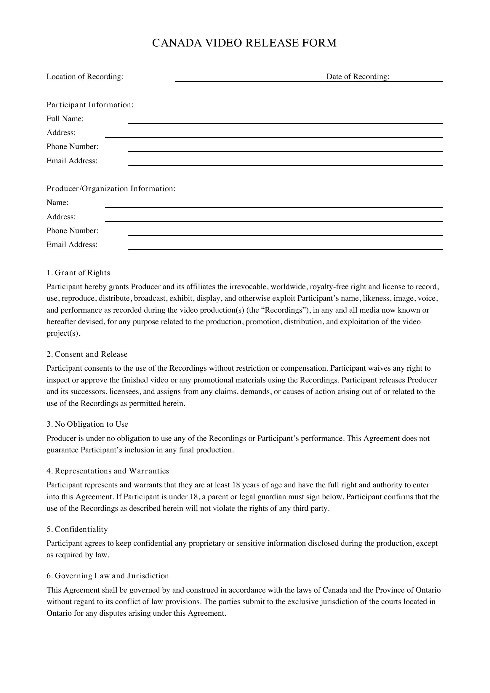 Video Release Form Template - Canada