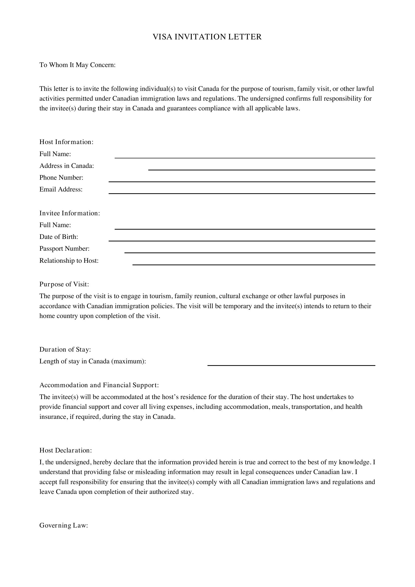 Visa Invitation Letter Template - Canada