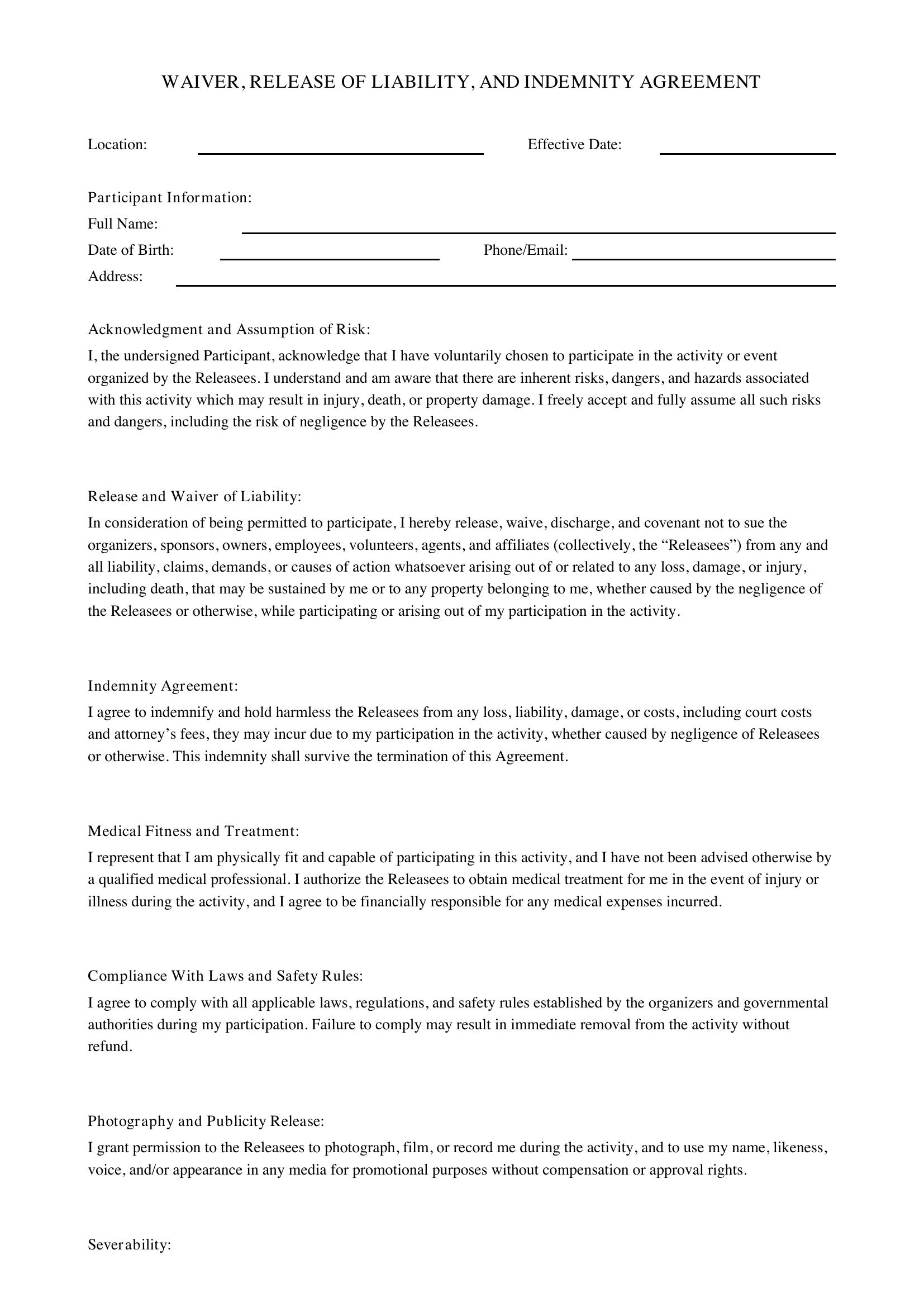 Waiver Form Template - Canada