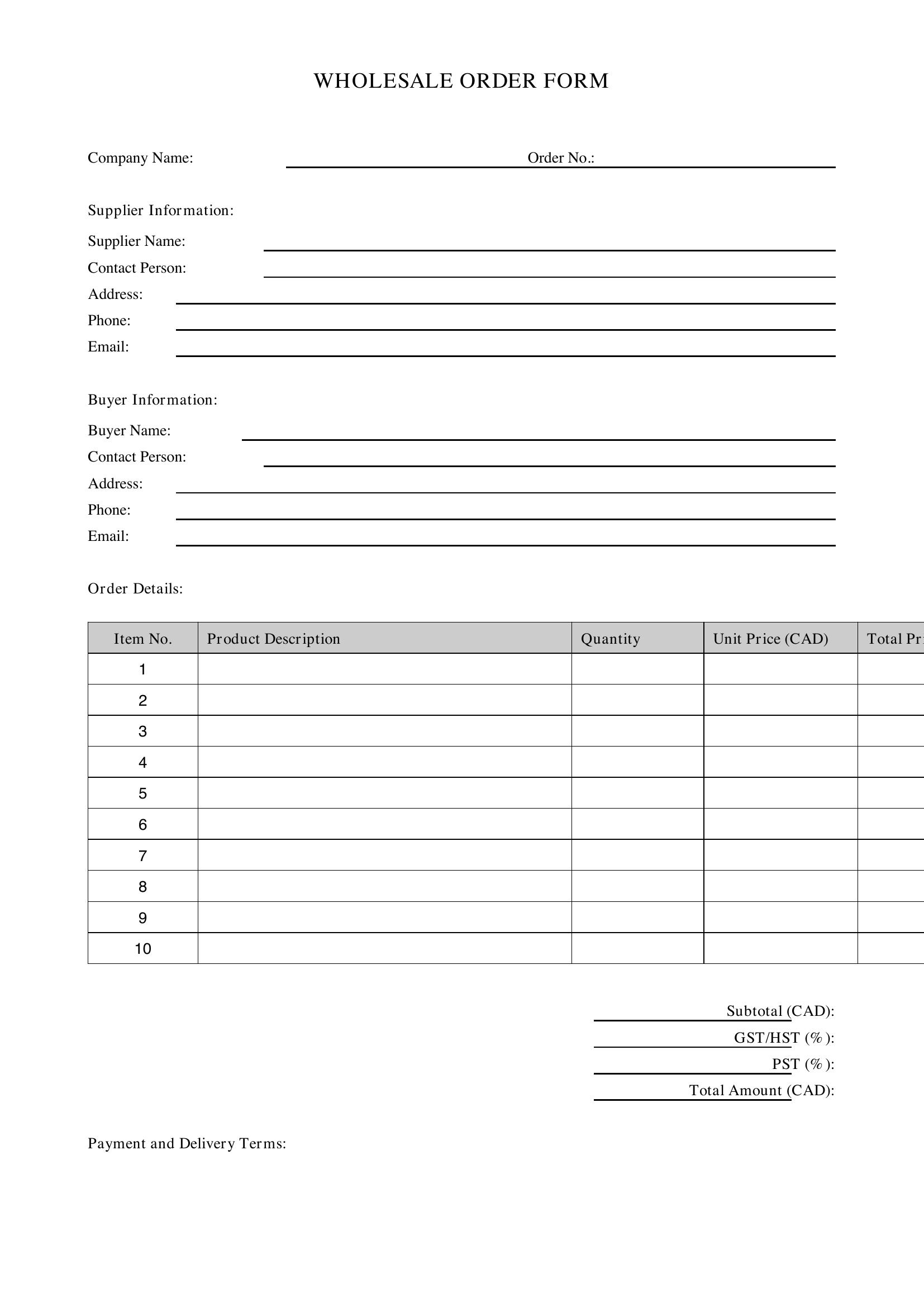 Wholesale Order Form Template - Canada