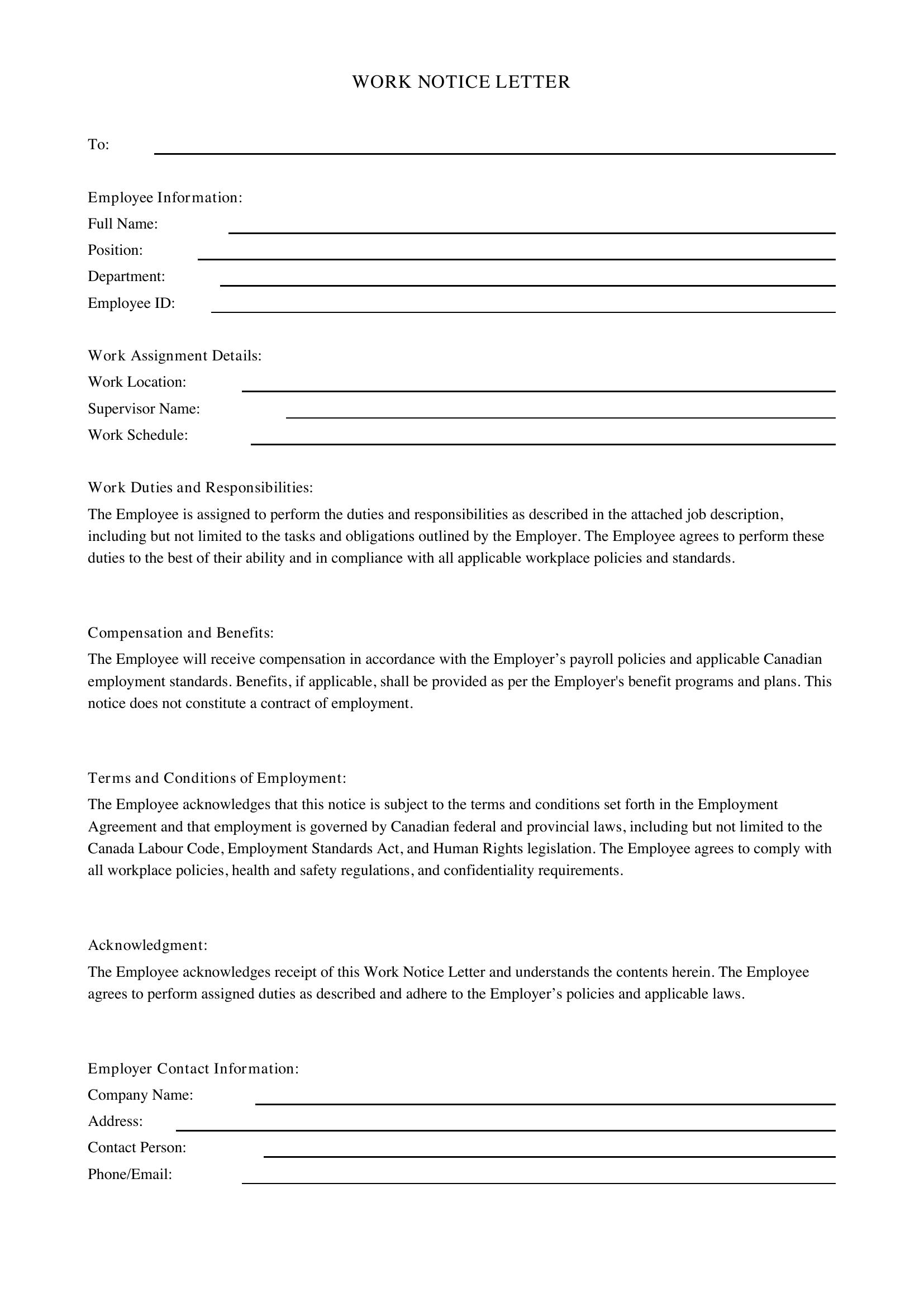 Work Notice Letter Template - Canada